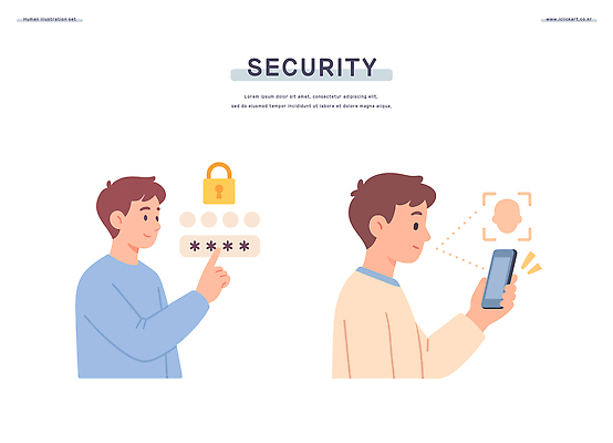 남자 일러스트 자물쇠 미소 들기 상반신 성인 두명 스마트폰 누름 암호 얼굴모양 인터넷보안 성인남자만 얼굴인식 국내일러스트 AI파일 모양 얼굴 모션 표정 사람 핸드폰 스마트기기 보안 생체인식기술 남자만 성인만 파일형식 벡터