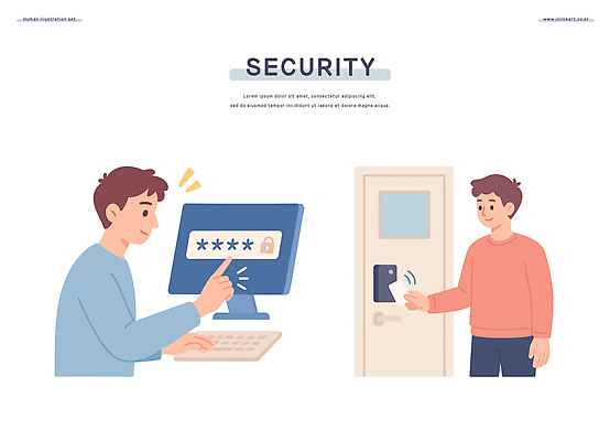 남자 일러스트 자물쇠 미소 들기 상반신 성인 두명 모니터 키보드 누름 암호 현관문 보안장치 도어락 보안카드 인터넷보안 찍기 성인남자만 국내일러스트 AI파일 모션 표정 사람 금융 컴퓨터 문 장비 보안 남자만 성인만 파일형식 벡터