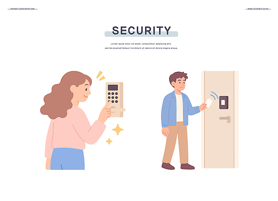 전신 여자 남자 일러스트 미소 상반신 성인 두명 반짝임 누름 암호 현관문 보안장치 도어락 보안카드 인터넷보안 찍기 성인만 국내일러스트 AI파일 모션 표정 사람 금융 문 장비 보안 파일형식 벡터