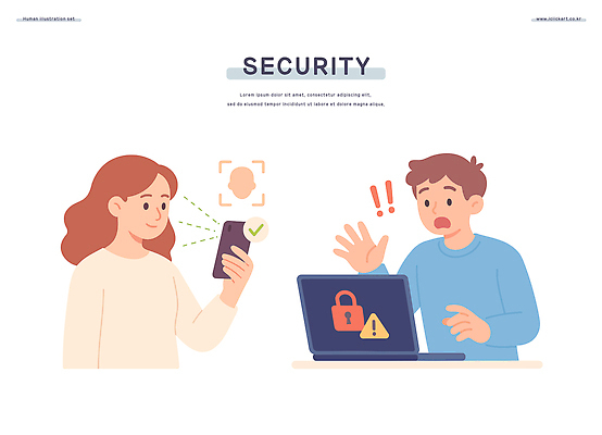 여자 남자 일러스트 자물쇠 미소 들기 상반신 성인 두명 노트북 손들기 놀람 느낌표 얼굴모양 체크표시 해킹 인터넷보안 주의표 성인만 얼굴인식 국내일러스트 AI파일 모양 기호 감정 얼굴 모션 표정 주의 사람 전자제품 확인 보안 생체인식기술 파일형식 벡터