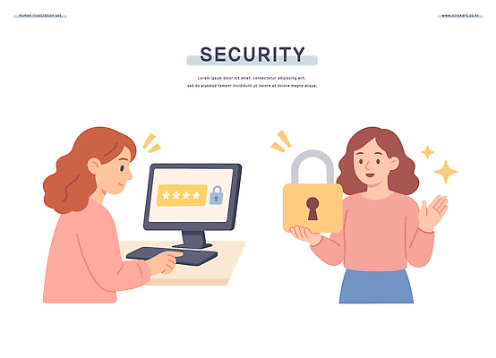 여자 일러스트 자물쇠 미소 들기 상반신 성인 두명 반짝임 손들기 모니터 키보드 누름 암호 책상 인터넷보안 성인여자만 국내일러스트 AI파일 가구 모션 표정 사람 컴퓨터 보안 여자만 성인만 파일형식 벡터