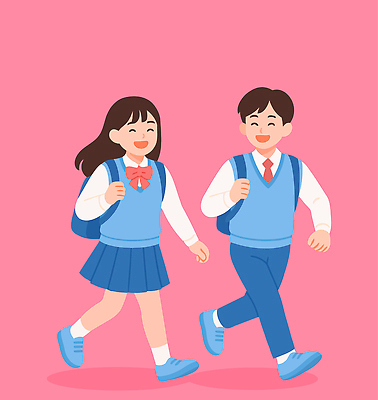 전신 여자 남자 교복 분홍색 일러스트 청소년 책가방 미소 두명 친구 청춘 달리기 잡기 즐거움 십대만 중고등학생 일러캐릭터 AI파일 캐릭터 옷 감정 컬러 컨셉 가방 관계 모션 중학생 고등학생 표정 사람 파일형식 벡터