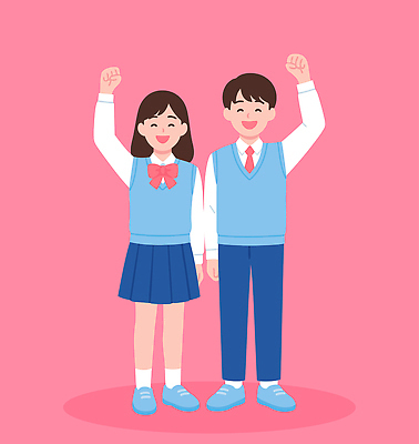 전신 여자 남자 교복 분홍색 일러스트 청소년 미소 두명 친구 청춘 손들기 파이팅 즐거움 십대만 중고등학생 일러캐릭터 AI파일 캐릭터 옷 감정 컬러 컨셉 관계 모션 중학생 고등학생 표정 사람 파일형식 벡터