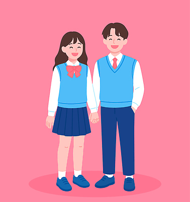 전신 커플 여자 남자 교복 분홍색 일러스트 청소년 미소 두명 친구 청춘 손잡기 즐거움 주머니손 십대만 중고등학생 일러캐릭터 AI파일 캐릭터 옷 감정 컬러 컨셉 관계 모션 중학생 고등학생 표정 사람 파일형식 벡터