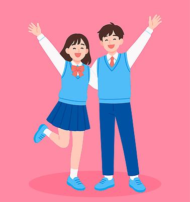 전신 여자 남자 교복 분홍색 일러스트 청소년 미소 두명 친구 청춘 손들기 즐거움 다리들기 십대만 중고등학생 일러캐릭터 AI파일 캐릭터 옷 감정 컬러 컨셉 관계 모션 중학생 고등학생 표정 사람 파일형식 벡터