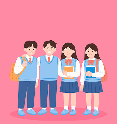 전신 여자 남자 교복 분홍색 일러스트 청소년 책가방 미소 들기 여러명 책 친구 청춘 잡기 즐거움 십대만 어깨에손 중고등학생 일러캐릭터 AI파일 캐릭터 옷 감정 컬러 다수 컨셉 가방 관계 모션 중학생 고등학생 표정 사람 파일형식 벡터