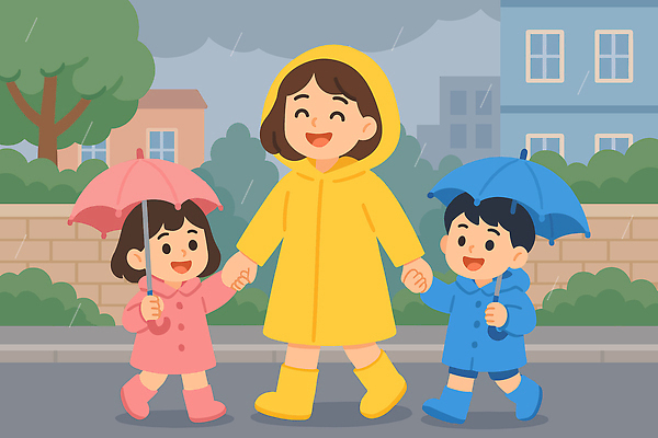 전신 나무 여자 남자 어린이 일러스트 우산 가족 장화 미소 들기 소녀 소년 성인 건물 세명 걷기 손잡기 풀 비 먹구름 우비 벽돌담 호우주의보 국내일러스트 AI파일 자연요소 식물 건축물 옷 신발 관계 모션 날씨 벽돌 표정 사람 담장 자연재해 파일형식 벡터 구름_자연