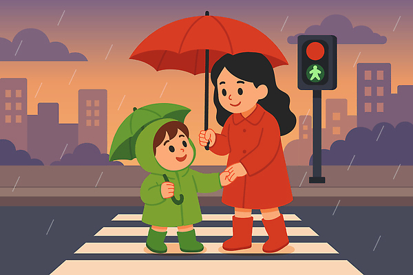 전신 여자 남자 어린이 일러스트 우산 장화 미소 들기 빌딩 소년 성인 두명 손잡기 도시 풀 비 횡단보도 신호등 먹구름 우비 건너기 호우주의보 국내일러스트 AI파일 모자관계 자연요소 식물 옷 아들 신발 가족 모션 엄마 날씨 표정 사람 건물 보행로 자연재해 파일형식 벡터 구름_자연
