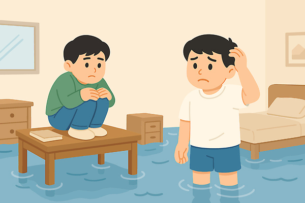 전신 남자 일러스트 실내 성인 두명 물 침실 침대 비 책상 서랍장 웅크림 성인남자만 호우주의보 머리긁기 국내일러스트 침수피해 AI파일 자연요소 가구 모션 날씨 사람 내부 피해 홍수 자연재해 남자만 성인만 파일형식 벡터 긁기