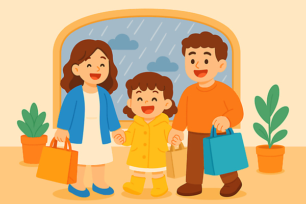 전신 식물 여자 남자 화분 어린이 일러스트 가족 실내 장화 소녀 성인 세명 쇼핑백 손잡기 비 먹구름 우비 호우주의보 국내일러스트 AI파일 자연요소 옷 신발 가방 관계 모션 날씨 사람 내부 자연재해 파일형식 벡터 구름_자연