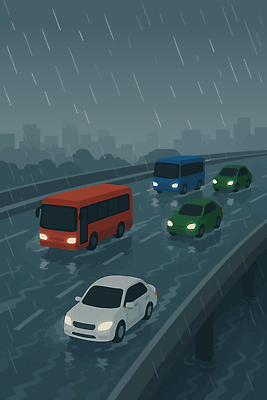 일러스트 승용차 버스 사람없음 건물 도시 풀 비 가교 호우주의보 국내일러스트 AI파일 자연요소 식물 건축물 육상교통 자동차 날씨 대중교통 자연재해 파일형식 벡터