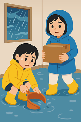 전신 여자 일러스트 창문 실내 장화 들기 성인 두명 물 상자 방 비 우비 바가지 성인여자만 호우주의보 국내일러스트 AI파일 자연요소 옷 신발 모션 날씨 사람 내부 자연재해 여자만 성인만 파일형식 벡터