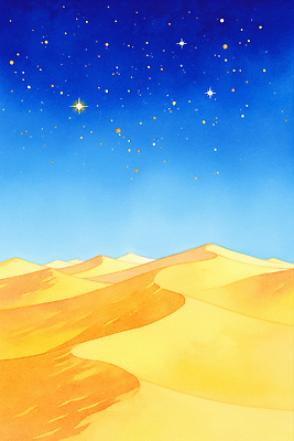 JPG 일러스트 자연 밤하늘 풍경 사람없음 파란색 노란색 고요 사막 별빛 국내일러스트 AI일러스트 AI콘텐츠 별 컬러 하늘 빛 야간 생태계 파일형식