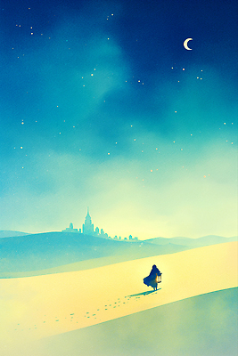 JPG 전신 실루엣 일러스트 자연 밤하늘 한명 들기 사람 풍경 파란색 걷기 고요 사막 등불 성 초승달 망토 청록색 별빛 국내일러스트 AI일러스트 AI콘텐츠 1 건축물 별 컬러 모션 하늘 조명 촬영기법 빛 달 야간 생태계 파일형식