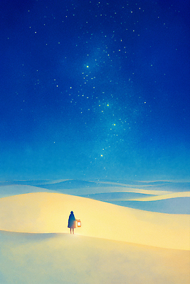 JPG 전신 실루엣 일러스트 자연 밤하늘 한명 들기 사람 풍경 파란색 노란색 고요 사막 등불 망토 별빛 국내일러스트 AI일러스트 AI콘텐츠 1 별 컬러 모션 하늘 조명 촬영기법 빛 야간 생태계 파일형식