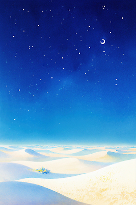 JPG 일러스트 자연 밤하늘 풍경 사람없음 파란색 고요 사막 초승달 별빛 국내일러스트 AI일러스트 AI콘텐츠 별 컬러 하늘 빛 달 야간 생태계 파일형식