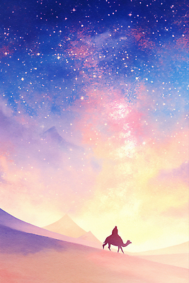 JPG 전신 실루엣 분홍색 일러스트 자연 밤하늘 한명 사람 풍경 파란색 걷기 고요 사막 승차 낙타 별빛 국내일러스트 AI일러스트 AI콘텐츠 1 별 컬러 포유류 모션 하늘 촬영기법 빛 야간 생태계 파일형식