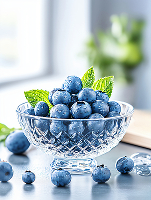 JPG 편집이미지 사람없음 물방울 민트 블루베리 유리그릇 편집실사 AI포토 AI콘텐츠 그릇 과일 유리 허브 CG 파일형식