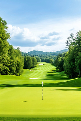JPG 나무 구름 편집이미지 골프장 하늘 산 잔디 사람없음 초록색 골프깃발 편집실사 AI포토 AI콘텐츠 자연요소 식물 컬러 골프 스포츠시설 깃발 CG 파일형식