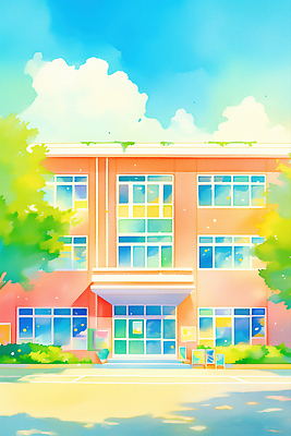 JPG 나무 구름 일러스트 하늘 수채화 그림자 사람없음 건물 유치원 풀 국내일러스트 AI일러스트 AI콘텐츠 자연요소 식물 건축물 교육 파일형식