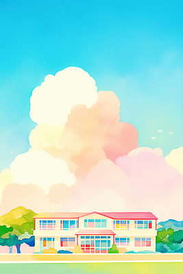 JPG 나무 구름 일러스트 하늘 수채화 산 사람없음 건물 유치원 국내일러스트 AI일러스트 AI콘텐츠 자연요소 식물 건축물 교육 파일형식