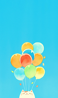 JPG 하늘색 일러스트 하늘 수채화 미소 사람없음 고양이 유치원 꽃가루 풍선 국내일러스트 AI일러스트 AI콘텐츠 교육 포유류 표정 파란색 반려동물 가루 파일형식