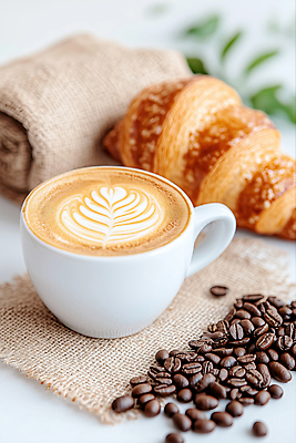 JPG 편집이미지 사람없음 원두 커피잔 크루아상 천 라떼아트 편집실사 AI포토 AI콘텐츠 커피 빵 잔 직물 CG 그림 라떼 파일형식