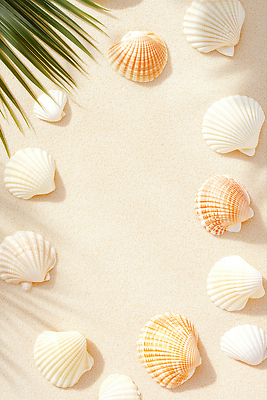 JPG 편집이미지 백그라운드 잎 프레임 그림자 사람없음 빛 모래사장 여름풍경 조개껍데기 카피스페이스 편집실사 AI포토 AI콘텐츠 식물 바다 조개 풍경 공백 CG 파일형식 여름_계절