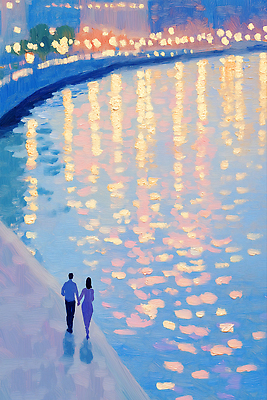 JPG 전신 커플 여자 남자 야경 일러스트 밤하늘 성인 두명 빛 반사 걷기 손잡기 여름풍경 도시 강가 여름밤 유화 성인만 국내일러스트 AI일러스트 AI콘텐츠 관계 모션 하늘 미술 사람 풍경 여름 강 야간 파일형식 여름_계절 풍경_경치