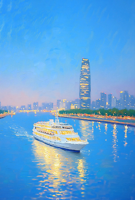 JPG 나무 야경 일러스트 밤하늘 빌딩 사람없음 빛 강 반사 여름풍경 도시 유람선 여름밤 유화 국내일러스트 AI일러스트 AI콘텐츠 식물 배_교통 하늘 미술 풍경 건물 여름 야간 파일형식 여름_계절 풍경_경치