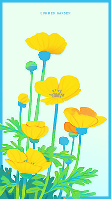 PSD 하늘색 잎 일러스트 여름꽃 사람없음 노란색 꽃봉오리 국내일러스트 식물 꽃 컬러 파란색 파일형식 여름_계절