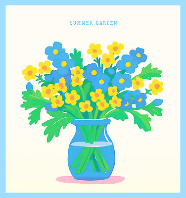 PSD 잎 일러스트 여름꽃 사람없음 파란색 노란색 꽃병 국내일러스트 식물 꽃 컬러 파일형식 여름_계절