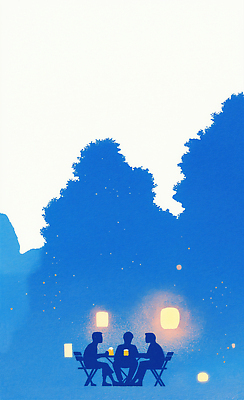 JPG 전신 나무 남자 실루엣 의자 일러스트 탁자 맥주 대화 앉기 성인 세명 파란색 빛 등불 잡기 여름밤 성인남자만 국내일러스트 AI일러스트 AI콘텐츠 식물 컬러 가구 모션 조명 주류 촬영기법 말하기 사람 여름 야간 남자만 성인만 파일형식