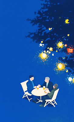 JPG 전신 나무 남자 의자 일러스트 탁자 맥주 대화 들기 앉기 성인 세명 파란색 빛 맥주잔 여름밤 성인남자만 국내일러스트 AI일러스트 AI콘텐츠 식물 컬러 가구 술잔 모션 주류 말하기 사람 여름 야간 남자만 성인만 파일형식