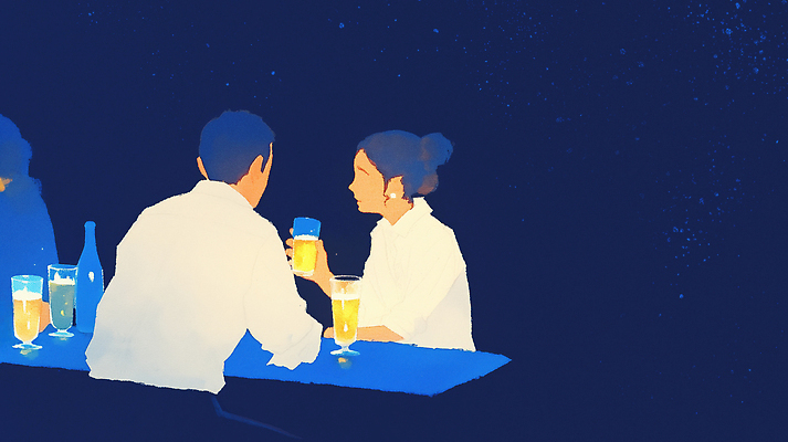 JPG 여자 남자 술잔 일러스트 탁자 술병 대화 들기 앉기 상반신 성인 두명 파란색 여름밤 얼굴없음 성인만 국내일러스트 AI일러스트 AI콘텐츠 컬러 가구 모션 병_용기 잔 주류 말하기 사람 여름 야간 파일형식