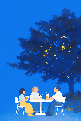 JPG 전신 나무 여자 남자 의자 일러스트 탁자 맥주 대화 들기 앉기 성인 세명 파란색 빛 맥주잔 여름밤 얼굴없음 성인만 국내일러스트 AI일러스트 AI콘텐츠 식물 컬러 가구 술잔 모션 주류 말하기 사람 여름 야간 파일형식