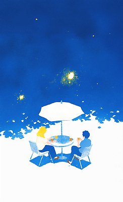 JPG 전신 여자 남자 의자 일러스트 탁자 맥주 대화 그림자 들기 앉기 성인 두명 파란색 빛 파라솔 맥주잔 여름밤 성인만 국내일러스트 AI일러스트 AI콘텐츠 컬러 가구 술잔 모션 주류 말하기 사람 여름 야간 파일형식