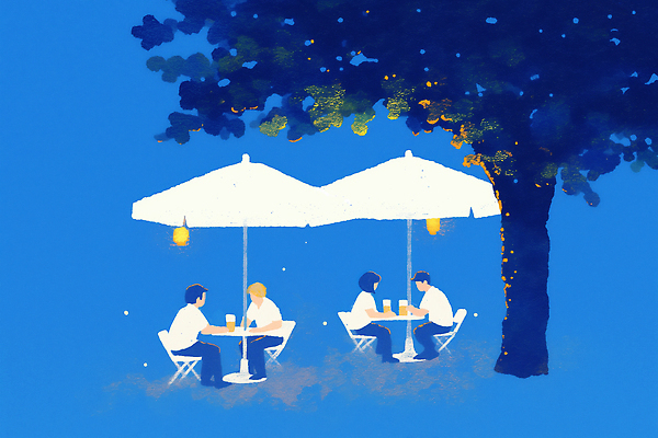 JPG 전신 나무 여자 남자 의자 일러스트 탁자 맥주 대화 앉기 여러명 성인 파란색 빛 파라솔 맥주잔 여름밤 얼굴없음 성인만 국내일러스트 AI일러스트 AI콘텐츠 식물 컬러 가구 다수 술잔 모션 주류 말하기 사람 여름 야간 파일형식