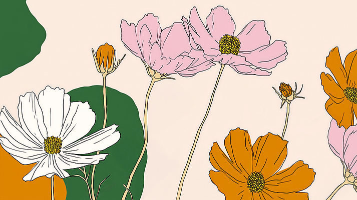 JPG 백그라운드 잎 일러스트 가을꽃 사람없음 코스모스 연분홍색 국내일러스트 AI일러스트 AI콘텐츠 식물 꽃 분홍색 파일형식 가을_계절