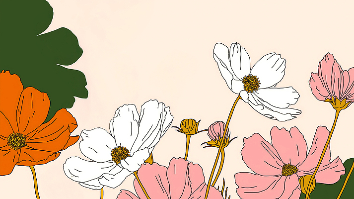 JPG 백그라운드 잎 일러스트 가을꽃 사람없음 코스모스 연분홍색 국내일러스트 AI일러스트 AI콘텐츠 식물 꽃 분홍색 파일형식 가을_계절