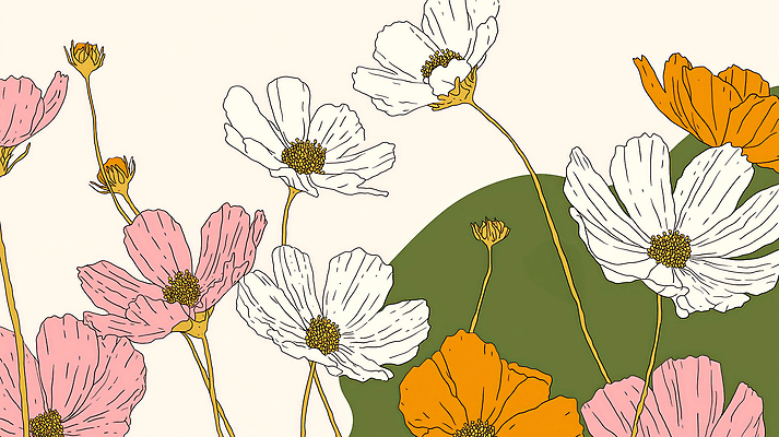 JPG 백그라운드 잎 일러스트 가을꽃 사람없음 코스모스 베이지색 국내일러스트 AI일러스트 AI콘텐츠 식물 꽃 컬러 파일형식 가을_계절