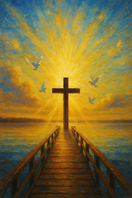 JPG 구름 기독교 바다 십자가 일러스트 하늘 사람없음 노란색 노을 천주교 나무다리 백비둘기 유화 국내일러스트 AI일러스트 AI콘텐츠 자연요소 종교 컬러 미술 다리_건축물 비둘기 파일형식
