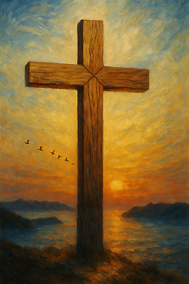 JPG 구름 기독교 바다 섬 십자가 일러스트 하늘 사람없음 노란색 노을 천주교 새떼 유화 국내일러스트 AI일러스트 AI콘텐츠 자연요소 종교 컬러 조류 미술 파일형식