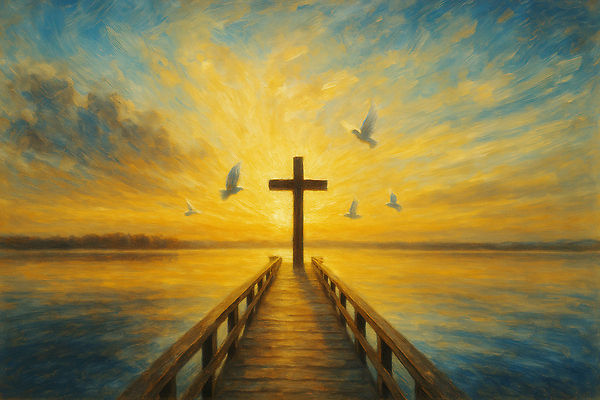 JPG 구름 기독교 바다 십자가 일러스트 하늘 사람없음 노란색 노을 천주교 나무다리 백비둘기 유화 국내일러스트 AI일러스트 AI콘텐츠 자연요소 종교 컬러 미술 다리_건축물 비둘기 파일형식