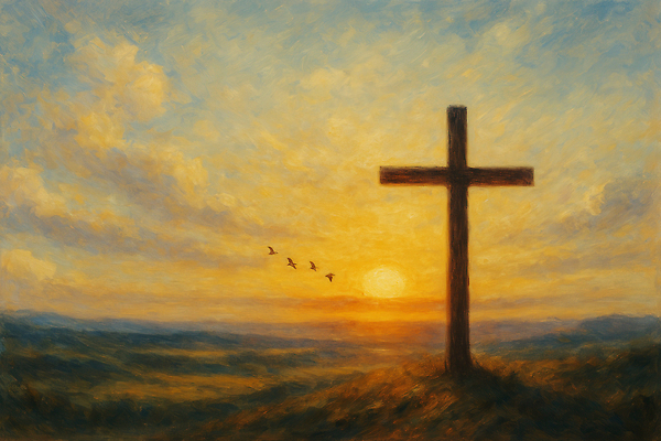 JPG 구름 기독교 십자가 일러스트 하늘 사람없음 노란색 노을 천주교 언덕 새떼 유화 국내일러스트 AI일러스트 AI콘텐츠 자연요소 종교 컬러 조류 미술 파일형식