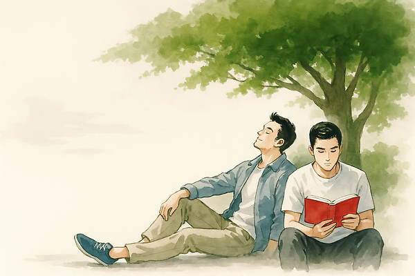 JPG 전신 나무 남자 일러스트 수묵화 미소 들기 앉기 성인 두명 책 청춘 독서 눈감음 기댐 동양화 성인남자만 국내일러스트 AI일러스트 AI콘텐츠 식물 컨셉 모션 표정 미술 사람 남자만 성인만 파일형식