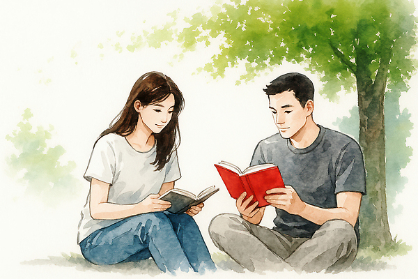 JPG 나무 여자 남자 일러스트 수묵화 미소 들기 앉기 성인 두명 책 청춘 독서 동양화 성인만 국내일러스트 AI일러스트 AI콘텐츠 식물 컨셉 모션 표정 미술 사람 파일형식