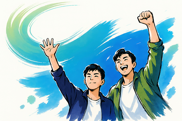 JPG 남자 일러스트 붓터치 수묵화 미소 상반신 성인 두명 청춘 손들기 파이팅 주먹 동양화 성인남자만 국내일러스트 AI일러스트 AI콘텐츠 컨셉 모션 표정 미술 사람 남자만 성인만 파일형식