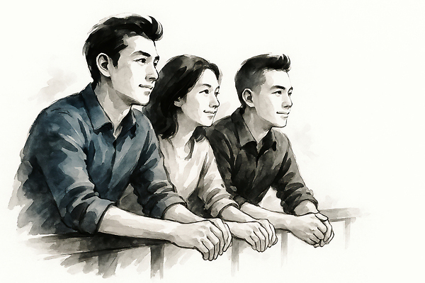 JPG 여자 남자 일러스트 난간 흑백 수묵화 미소 상반신 성인 세명 청춘 기댐 동양화 성인만 국내일러스트 AI일러스트 AI콘텐츠 컨셉 모션 촬영기법 표정 미술 사람 파일형식