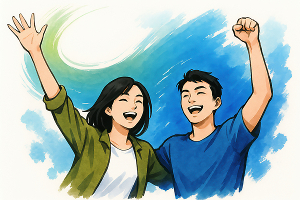 JPG 여자 남자 일러스트 붓터치 수묵화 미소 상반신 성인 두명 청춘 손들기 파이팅 주먹 동양화 성인만 국내일러스트 AI일러스트 AI콘텐츠 컨셉 모션 표정 미술 사람 파일형식